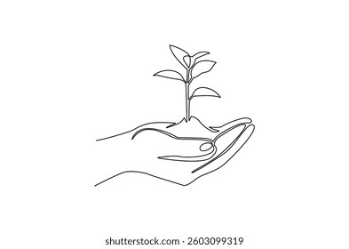 Continuous one line drawing of Hands holding growing seedlings. Single line drawing illustration of Hands holding leaf. Go green energy concept vector art. Doodle line illustration.