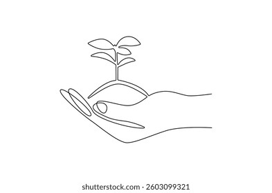 Continuous one line drawing of Hands holding growing seedlings. Single line drawing illustration of Hands holding leaf. Go green energy concept vector art. Doodle line illustration.