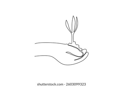 Continuous one line drawing of Hands holding growing seedlings. Single line drawing illustration of Hands holding leaf. Go green energy concept vector art. Doodle line illustration.