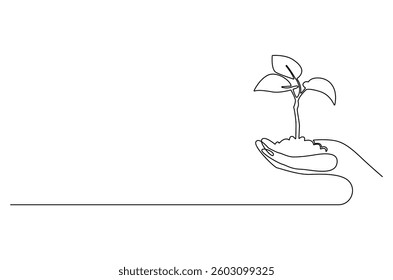 Continuous one line drawing of Hands holding growing seedlings. Single line drawing illustration of Hands holding leaf. Go green energy concept vector art. Doodle line illustration.