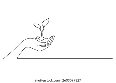 Continuous one line drawing of Hands holding growing seedlings. Single line drawing illustration of Hands holding leaf. Go green energy concept vector art. Doodle line illustration.