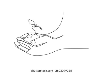Continuous one line drawing of Hands holding growing seedlings. Single line drawing illustration of Hands holding leaf. Go green energy concept vector art. Doodle line illustration.