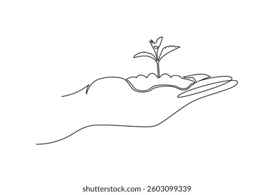 Continuous one line drawing of Hands holding growing seedlings. Single line drawing illustration of Hands holding leaf. Go green energy concept vector art. Doodle line illustration.