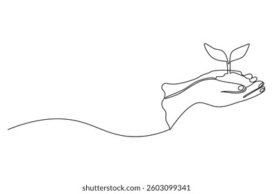 Continuous one line drawing of Hands holding growing seedlings. Single line drawing illustration of Hands holding leaf. Go green energy concept vector art. Doodle line illustration.