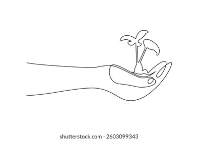 Continuous one line drawing of Hands holding growing seedlings. Single line drawing illustration of Hands holding leaf. Go green energy concept vector art. Doodle line illustration.