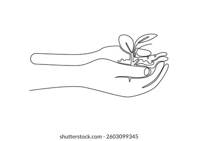 Continuous one line drawing of Hands holding growing seedlings. Single line drawing illustration of Hands holding leaf. Go green energy concept vector art. Doodle line illustration.
