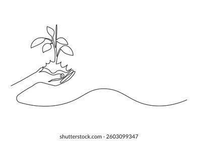 Continuous one line drawing of Hands holding growing seedlings. Single line drawing illustration of Hands holding leaf. Go green energy concept vector art. Doodle line illustration.