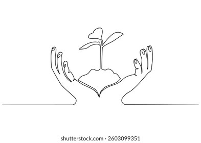 Continuous one line drawing of Hands holding growing seedlings. Single line drawing illustration of Hands holding leaf. Go green energy concept vector art. Doodle line illustration.