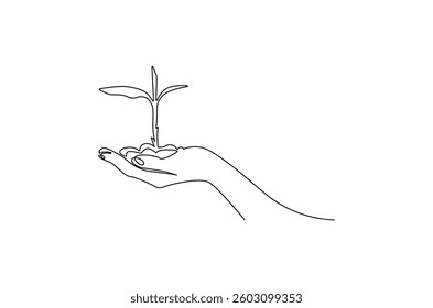 Continuous one line drawing of Hands holding growing seedlings. Single line drawing illustration of Hands holding leaf. Go green energy concept vector art. Doodle line illustration.