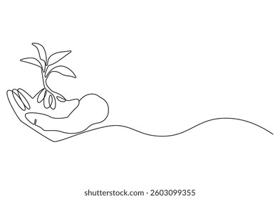 Continuous one line drawing of Hands holding growing seedlings. Single line drawing illustration of Hands holding leaf. Go green energy concept vector art. Doodle line illustration.