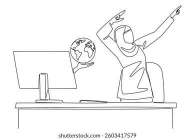 Continuous one line drawing hands out of the monitor screen while holding a globe. Get a bigger business network. Celebrating success. Things from Screen. Single line draw design vector illustration