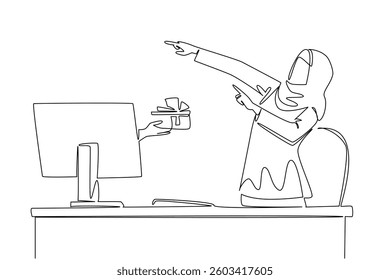 Continuous one line drawing hands out of the monitor screen while holding a wallet with some money coming out. Initial business capital. Things from Screen. Single line draw design vector illustration