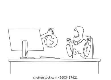 Continuous one line drawing hands out of monitor screen while holding money bag. Fun business when profit is big. Feeling of enthusiasm. Things from Screen. Single line draw design vector illustration