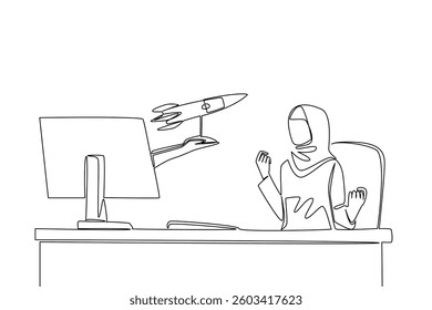 Continuous one line drawing hands out of the monitor screen while holding a  rocket. The hard worker who perseveres until she succeeds. Things from Screen. Single line draw design vector illustration