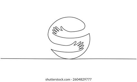 continuous One line drawing of hands embracing a sphere, symbolizing global unity.