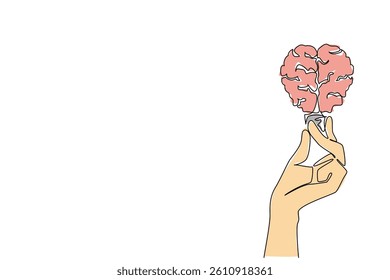 Continuous one line drawing hands holding a bulb that forms a brain. Symbolizing ideas and creativity. Provides many solutions. Innovation. Holding Bulb. Single line draw design vector illustration
