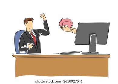 Continuous one line drawing hands out of the monitor screen while holding piggy bank. Simple investment as a place to learn. Persistent. Things from Screen. Single line draw design vector illustration