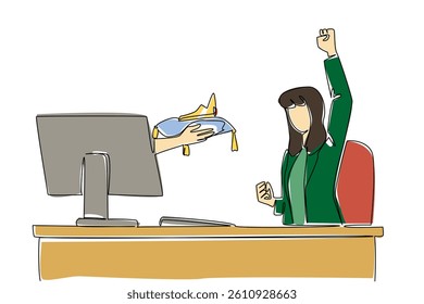 Continuous one line drawing hands out of the monitor screen while holding a crown. Businesswoman with special and luxurious values. Things from Screen. Single line draw design vector illustration