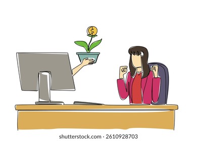 Continuous one line drawing hands out of monitor screen while holds money tree with dollar coin fruit. Symbolism of growing investment. Things from Screen. Single line draw design vector illustration