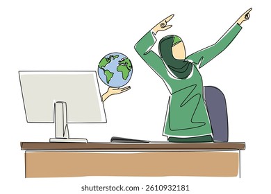 Continuous one line drawing hands out of the monitor screen while holding a globe. Get a bigger business network. Celebrating success. Things from Screen. Single line draw design vector illustration