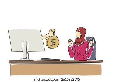 Continuous one line drawing hands out of monitor screen while holding money bag. Fun business when profit is big. Feeling of enthusiasm. Things from Screen. Single line draw design vector illustration