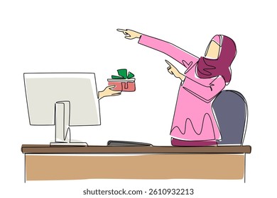 Continuous one line drawing hands out of the monitor screen while holding a wallet with some money coming out. Initial business capital. Things from Screen. Single line draw design vector illustration