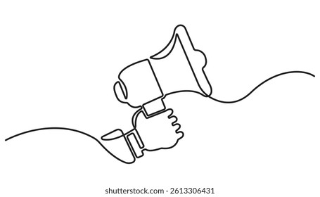 Continuous one line drawing hands with megaphone Speaker Single Line Icon vector illustrations, Line art megaphone announcement