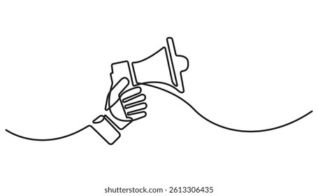 Continuous one line drawing hands with megaphone Speaker Single Line Icon vector illustrations, Line art megaphone announcement