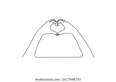 Continuous one line drawing of Hands in love gesture. Single line drawing illustration of Hand forming a heart. Gesture expressing love concept vector art. Doodle line illustration
