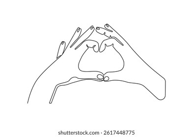 Continuous one line drawing of Hands in love gesture. Single line drawing illustration of Hand forming a heart. Gesture expressing love concept vector art. Doodle line illustration
