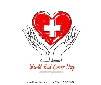 Continuous one line drawing of hands hold heart 
 with cross. World Red Cross Day background or banner design template celebrated in 8 may. Editable stroke.