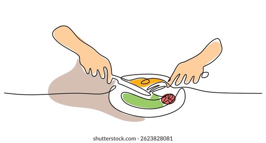 Um desenho contínuo de uma linha de mãos usando uma faca e garfo para cortar em um pedaço de bife. Desenhado à mão com ilustração vetorial.