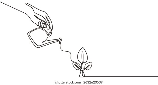 Uma Linha Contínua Desenhando Mãos Regando Planta. Cuidados ecológicos de nutrição ambiental. Eco Jardinagem.