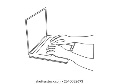 Continuous one line drawing of Hands typing on computer. Single line drawing illustration of Typing on keybord. Working by using laptop concept vector art. Doodle line illustration.