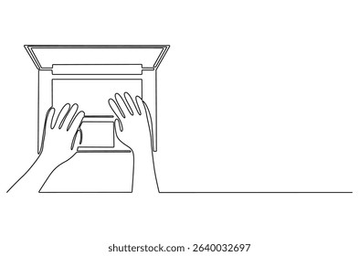 Continuous one line drawing of Hands typing on computer. Single line drawing illustration of Typing on keybord. Working by using laptop concept vector art. Doodle line illustration.