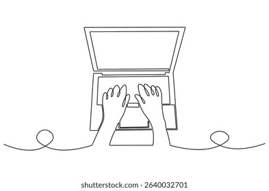 Continuous one line drawing of Hands typing on computer. Single line drawing illustration of Typing on keybord. Working by using laptop concept vector art. Doodle line illustration.
