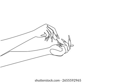 Continuo una línea dibujando manos pintando clavos. Embellízate siguiendo las tendencias de belleza. Luce glamorosa y elegante. Cuidado. Día Nacional del Polaco de Uñas. Ilustración vectorial de diseño de dibujo de línea única