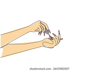 Kontinuierliche einzeilige Zeichnung Hände malen Nägel. Verschönern Sie sich, indem Sie Beauty-Trends folgen. Schauen Sie glamourös und elegant. Pflege. Nationaler Nagellacktag. Vektorgrafik mit einfarbiger Zeichnung