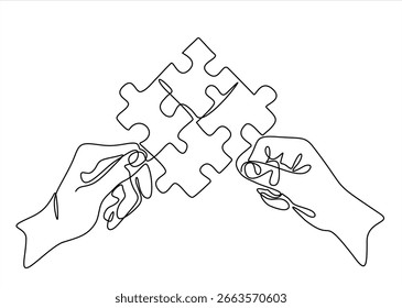Um desenho contínuo de uma linha de mãos e quebra-cabeças. Correspondência de negócios - conectando elementos de quebra-cabeça. Metáfora de negócios para solução de problemas, solução e estratégia. Vetor de uma linha desenhado à mão. Editável 