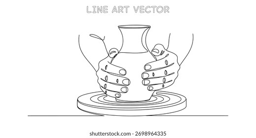 Um desenho contínuo de uma linha de mãos moldando um vaso em uma roda de cerâmica, representando artesanato, arte e criação