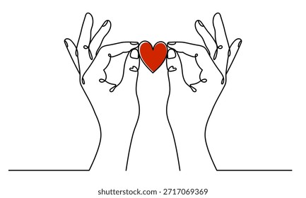 Continuous one line drawing hands holding heart. Valentines day or Charity donation linear concept. Vector isolated on white. Editable stroke