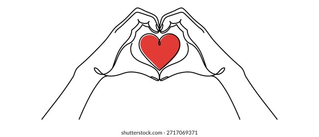 Kontinuierliche, eine Linie ziehende Hände, die das Herz halten. Valentinstag oder Charity Spende lineares Konzept. Vektor einzeln auf Weiß. Bearbeitbarer Strich