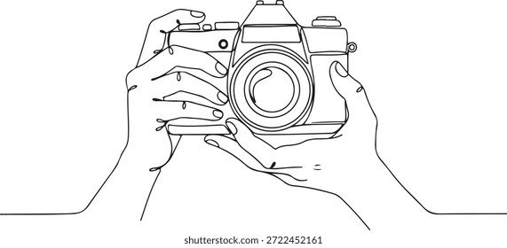 desenho contínuo de uma linha de mãos segurando uma câmera, simbolizando fotografia, criatividade, momentos de captura e expressão artística