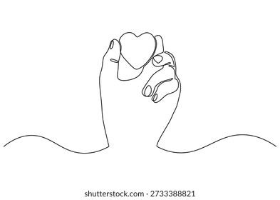 Continuous one line drawing of Hands holding a heart. Single line drawing illustration of Heart in hand icons set. Valentine's day concept vector art. Doodle line illustration.