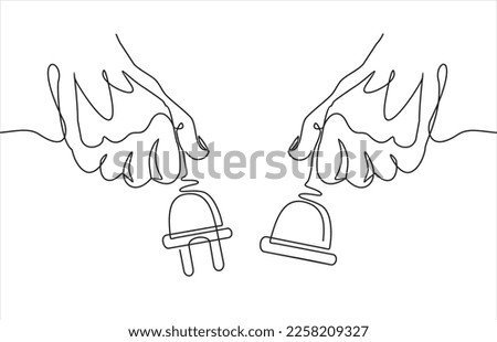 continuous One  line drawing of hands hold Electrical outlet and plug unplugged. 404 error, page not found, connection error or time out. 