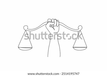 Continuous one line drawing hands gripping the center of the scale. Demanding a sense of justice. Social justice is a right for all people. Balance. Equal. Single line draw design vector illustration