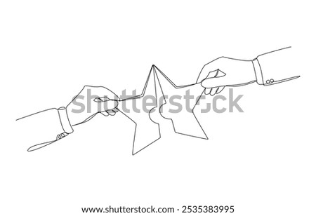 Continuous one line drawing of hands of two businessmen connecting star jigsaw puzzle symbol, collaboration for quality work concept, single line art.