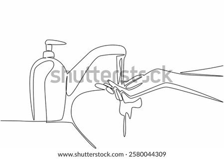 Continuous one line drawing hands are being washed in the sink. Measures to prevent the spread of viruses and germs. Healthcare. World Hand Hygiene Day. Single line draw design vector illustration