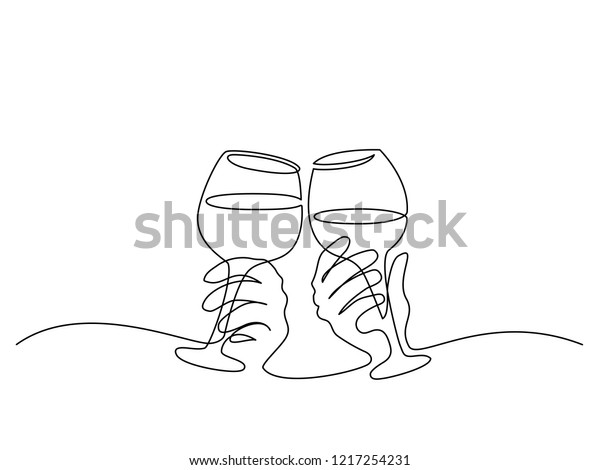 Continuous one line drawing. Hands cheering\
with glasses of wine. Vector\
illustration