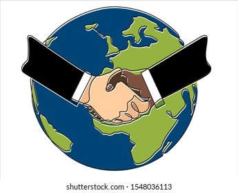 Continuous one line drawing Handshake and planet Earth. World peace, global agreement, international partnership, worldwide business concepts. 